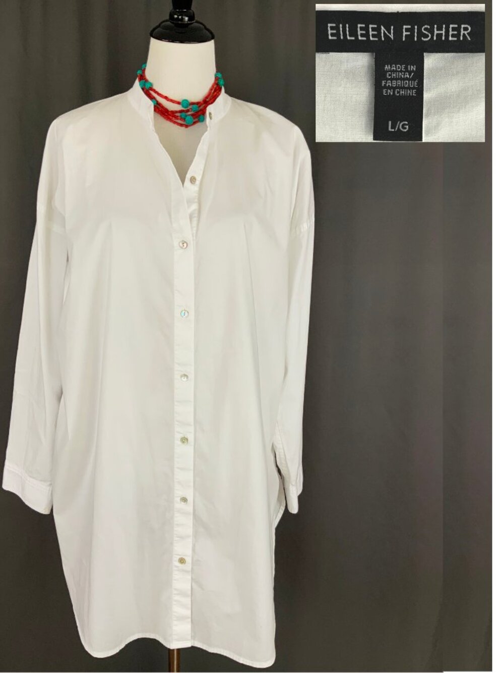 Eileen Fisher White Poplin Long Sleeve Tunic Shirt Button Up  Sz L - Picture 2 of 16